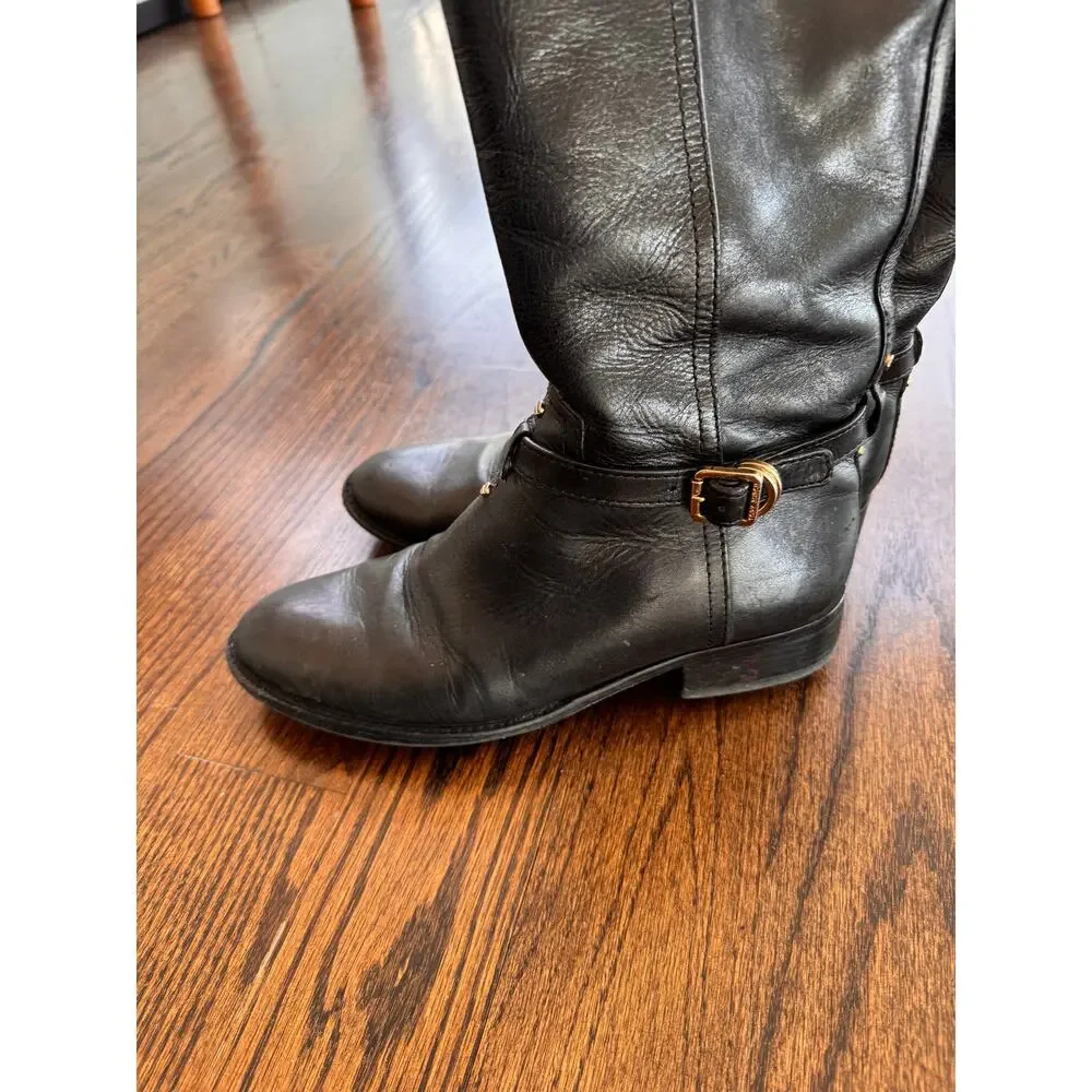 TORY BURCH Eloise Women's Boot US 8 Black Leather Zip Tall Riding Boots FLAW